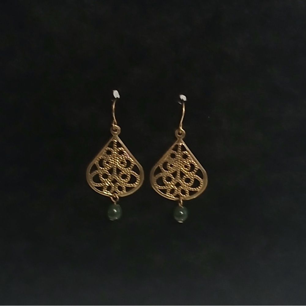 Elegant Gold Filigree Earrings with Green Accents